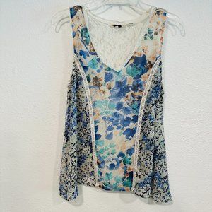 Miss Me Tank Top Semi Sheer Lace Back V-Neck MultiColor Asymmetrical Hem Size L